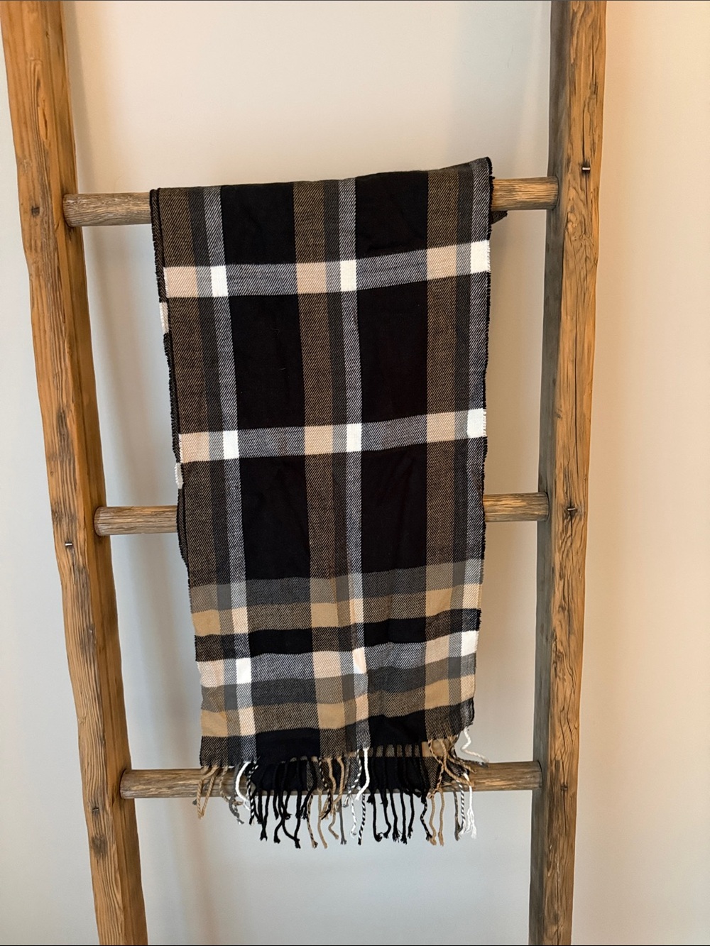 Plaid Fringe Scarf Wrap in Black and Brown
